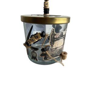 Sewing Machine Glass Jar, Button Encrusted Lid Vanity Jar Jeweled Ornate Trinket